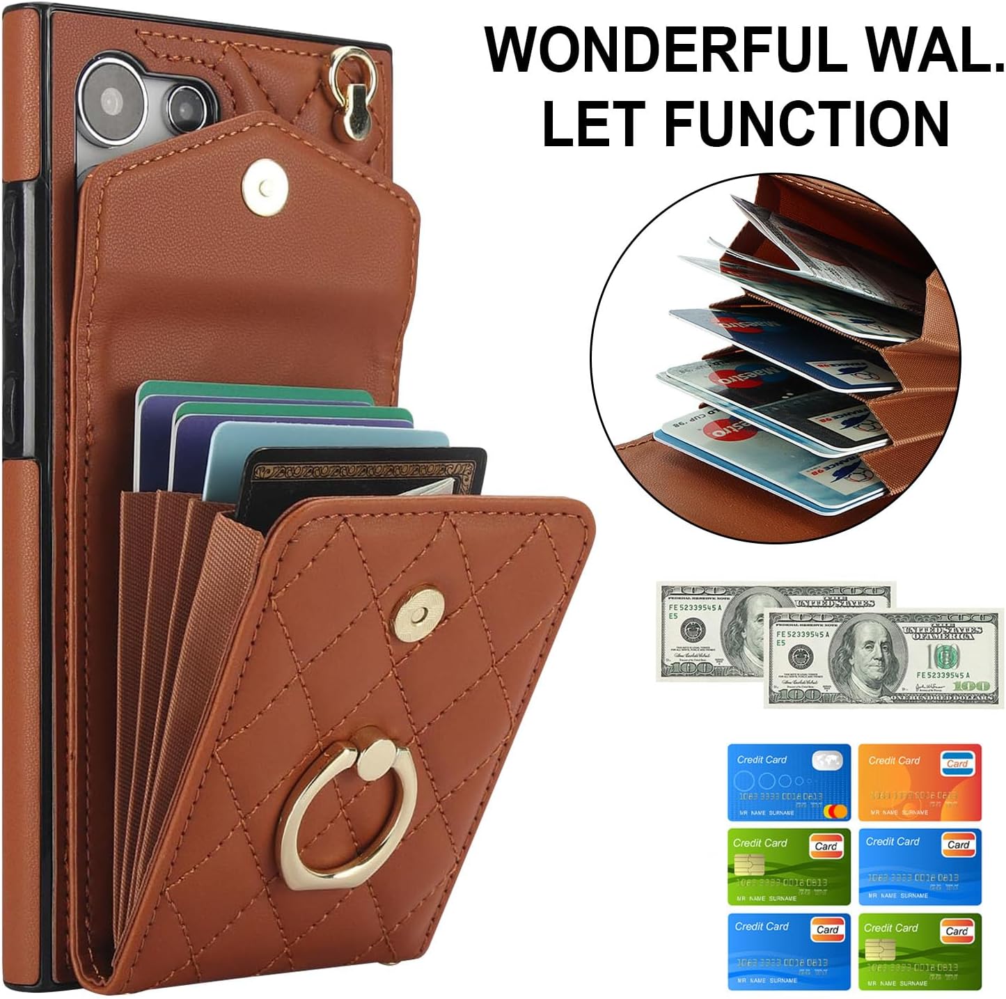 QLTYPRI Crossbody Wallet Case for Samsung Galaxy S24 Ultra, PU Leather Phone Case with RFID Blocking Card Slots Holder Ring Kickstand Wrist Strap Lanyard Handbag Purse Cover – Brown Samsung S24 Ultra Brown