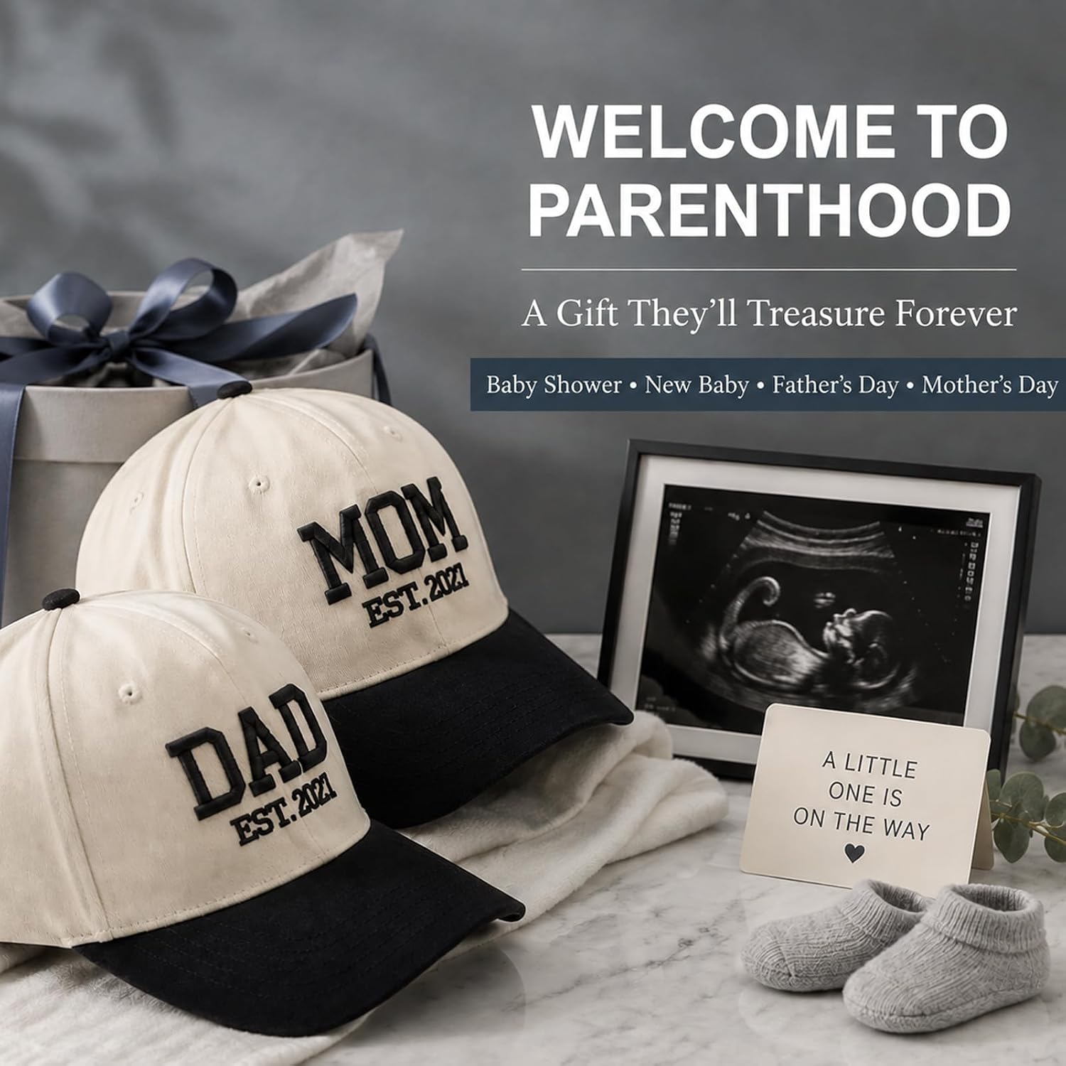 Mom and Dad Est 2027 Hats - New Parents to be Cap (2PCS-Mom Dad Hat)