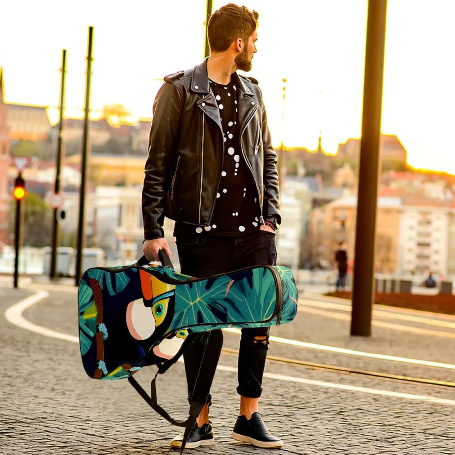 40 41 42 Inch Guitar Bags, Waterproof Padded Acoustic Guitar Case Backpack with Adjustable Shoulder Strap & Pockets, Tropical Birds Toucan