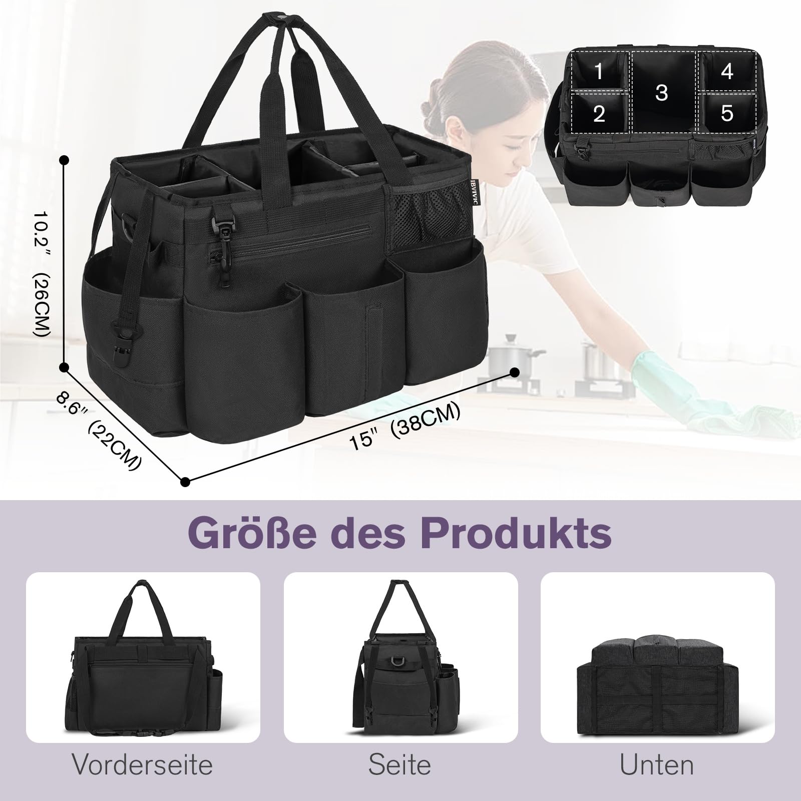 OUUTMEE Bolsa de limpieza 20 x 38 x 26 cm con compartimento extraíble portátil organizador negro