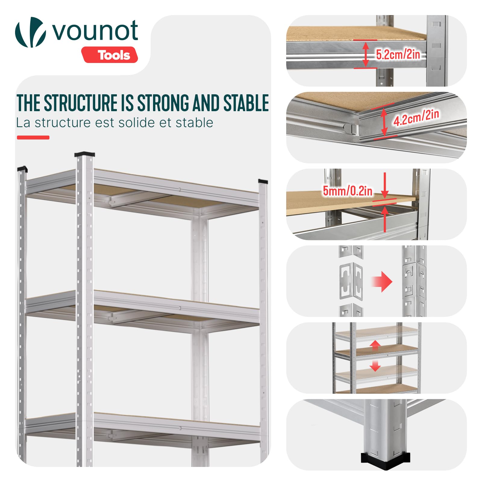 vounot® Lot de 2 Étagère de Rangement 70x30x150cm en Acier Galvanisé à 5 Niveaux Etagère Charge Lourde Tablette Ajustable Charge Max 875kg Idéal pour Rangement de Garage Atelier Cuisine
