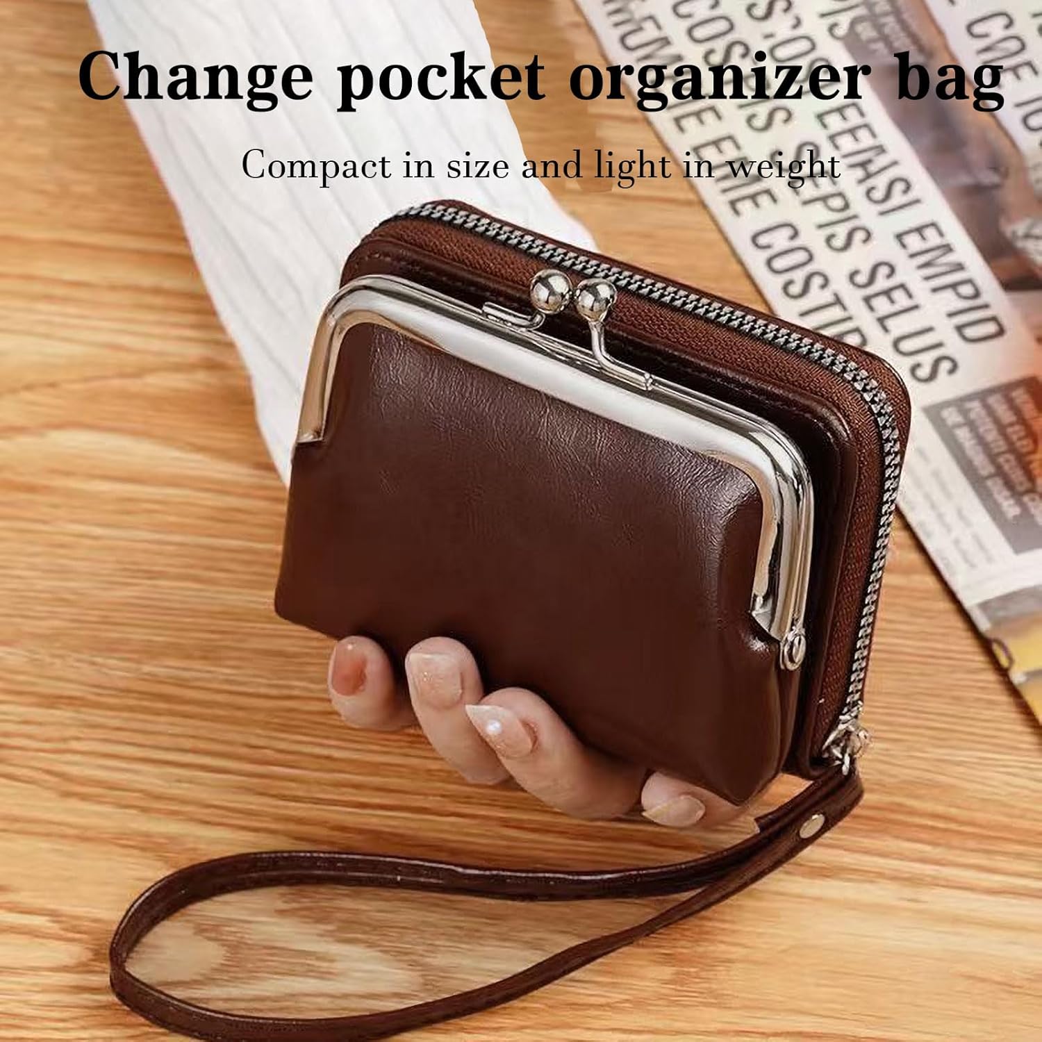Pocket-sized ladies' change purse, card holder with zipper, compact yet spacious 12-pocket high-capacity billfold, coin and credit card storage bag (brown) - Image 5