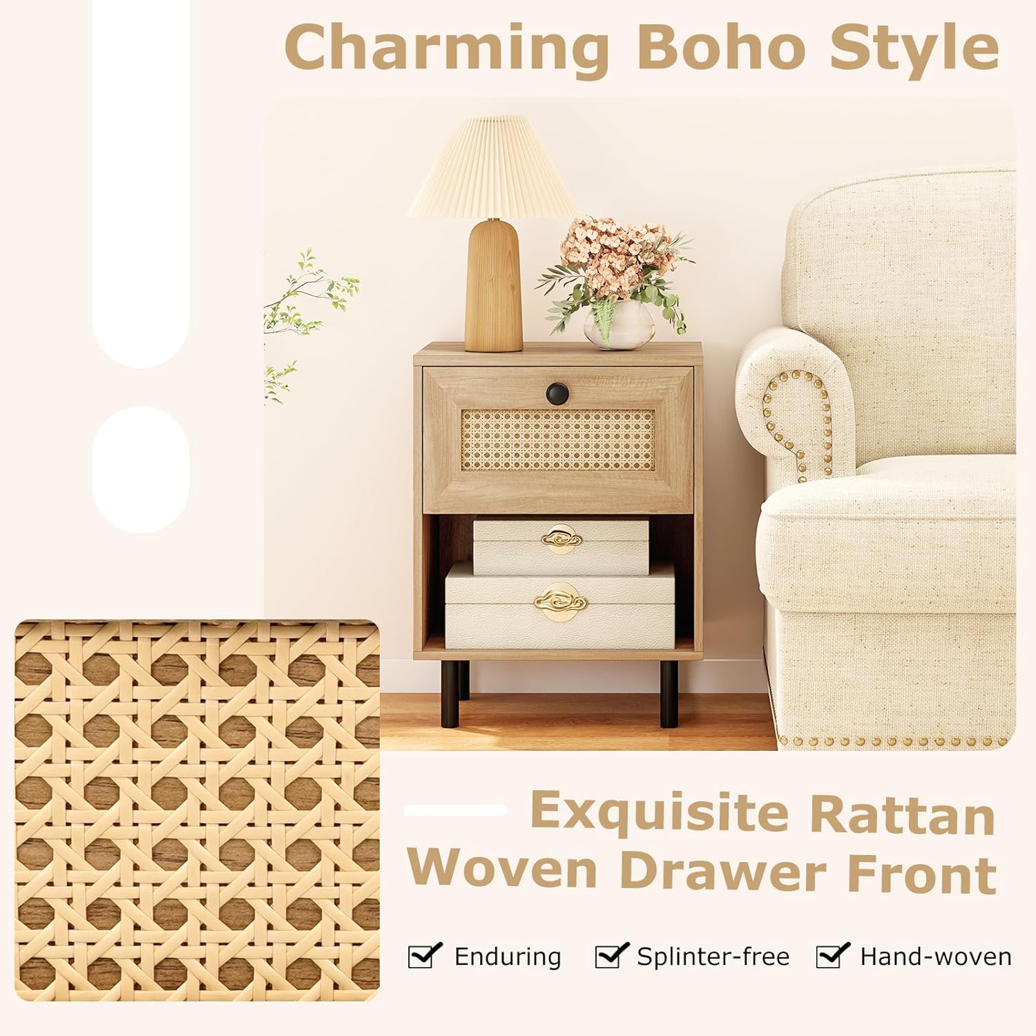 Giantex Rattan Nightstand with Drawer Set of 2, Mid Century Modern Bed Side Table w/ 4 Metal Legs and Open Storage Shelf, Wood Boho End Table for Small Spaces, Night Stand for Bedroom Office, Natural