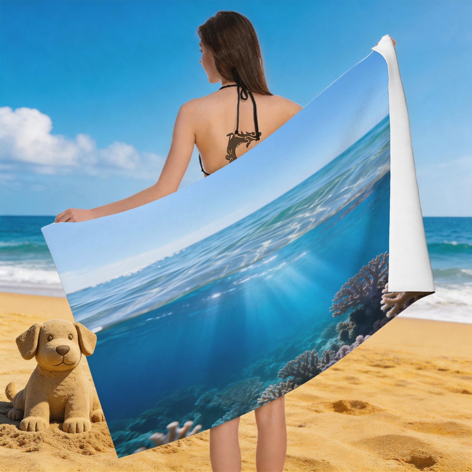 Leichong 3D Ocean Theme Beach Towel Microfiber Soft Quick Dry for Adults, Sea View Bath Towel Lightweight Soft Absorbent for Travel Swimming Pool Sports, 75 x 150 cm