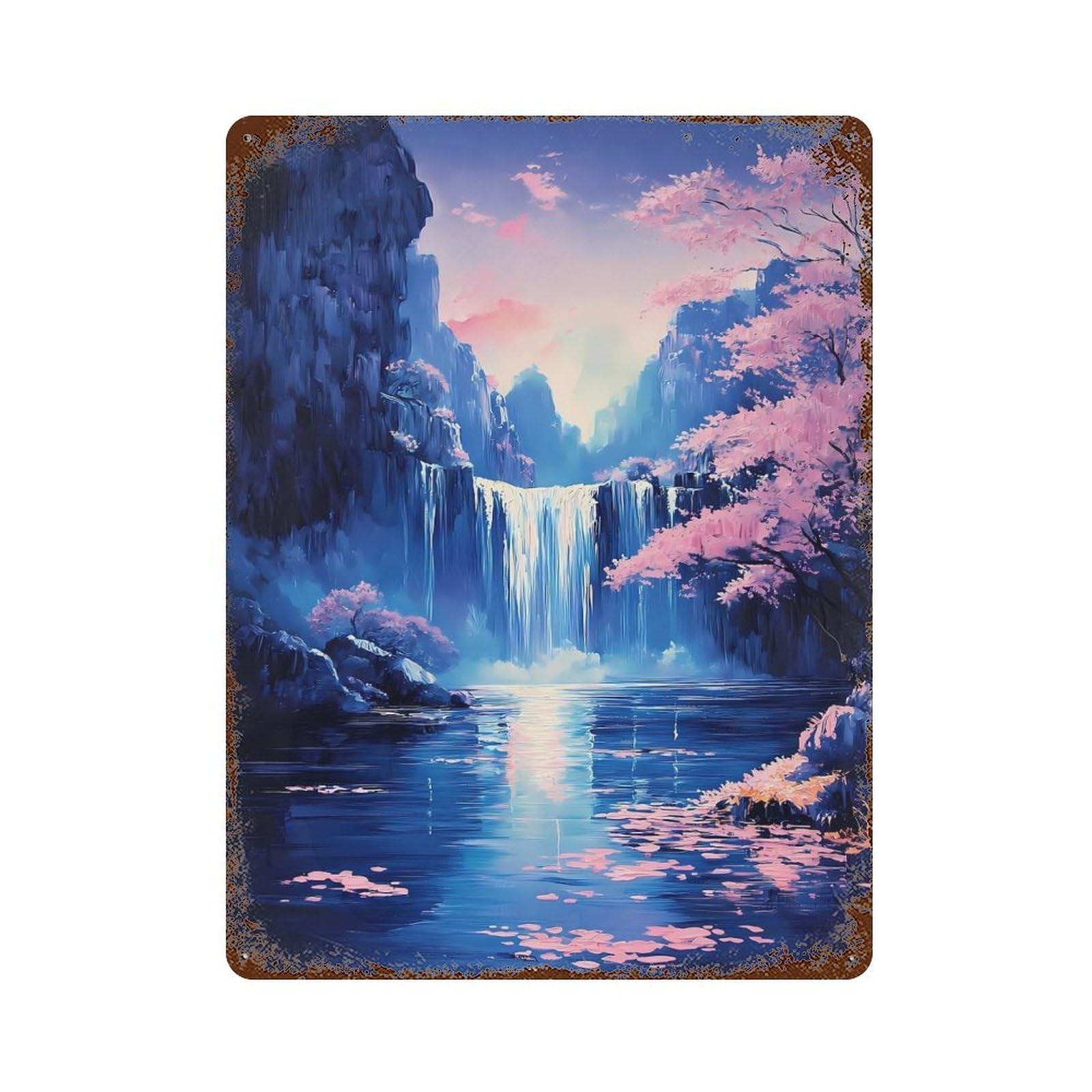 Waterfall Serenity Cherry Blossom Nature Rust Effect Tin Sign 15.7"x11.8", Vintage Wall Decor for Garage, Pub Or Kitchen