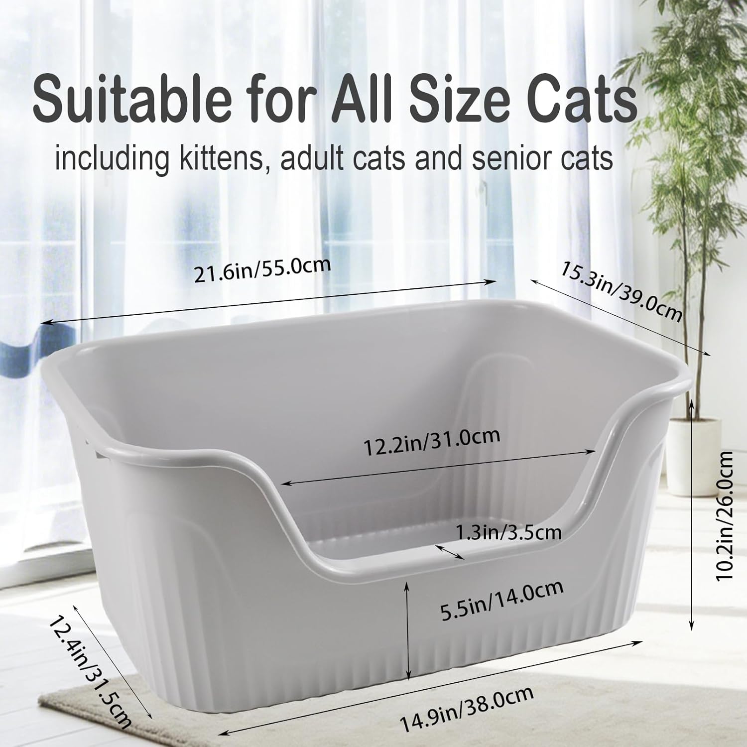 kathson Large Plastic Cat Litter Box with High Sides,XL Low Entry High Sided Litter Box,Large Plastic Kitty Litter Pan,Side Entrance,Anti-Splashing,Easy Cleaning,21.45"x16.14"x10.43" Kitty Cat Box