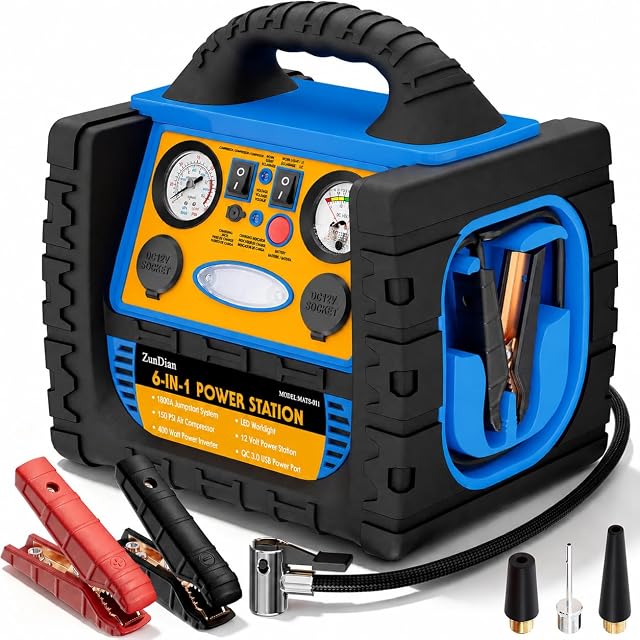 Car Battery Jump Starter with Air Compressor, 1800A Heavy-Duty Jump Starter 150 PSI Tire Inflator, 12V Jump Box Pack with 400W Inverter Power with AC/DC/USB Outlets& LED Light