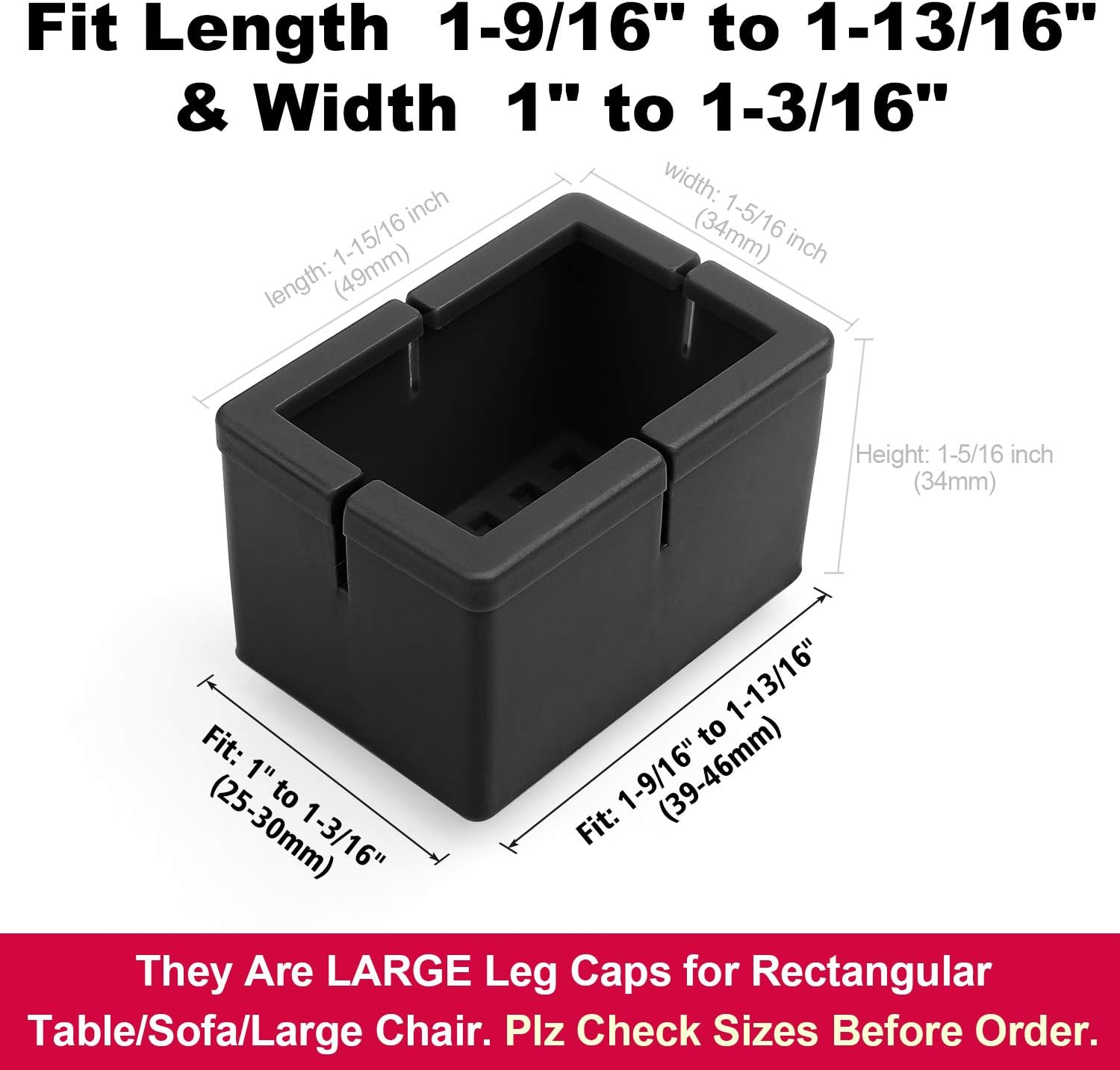 Chair Leg Floor Protectors Rectangular Fit Length 1-9/16" to 1-13/16" & Width 1" to 1-3/16" Large Chair Leg Caps Silicone Table Chair Feet Protectors with Felt Pads-Black (16Pack )