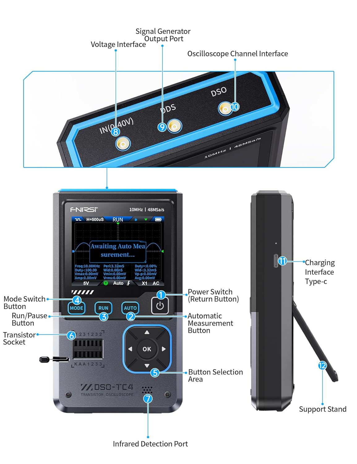 FNIRSI DSO-TC4 Handheld Oscilloscope, 10MHz Bandwidth 48MSa/s Sampling Rate Transistor Tester Digital Oscilloscope DDS Signal Generator 3 in 1, Voltage Continuity Zener Diode Triode Component Tester
