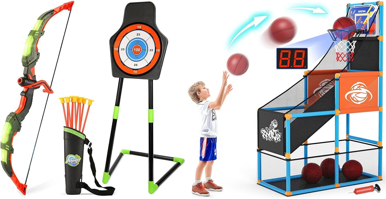 Arcade Basketball & Archery Toy Set for Kids Basketball Game Set with Electronic Scoreboard Bow and Arrow Set with Standing Target & Quiver Christmas Birthday Gift for Boys & Girls Aged 3-12