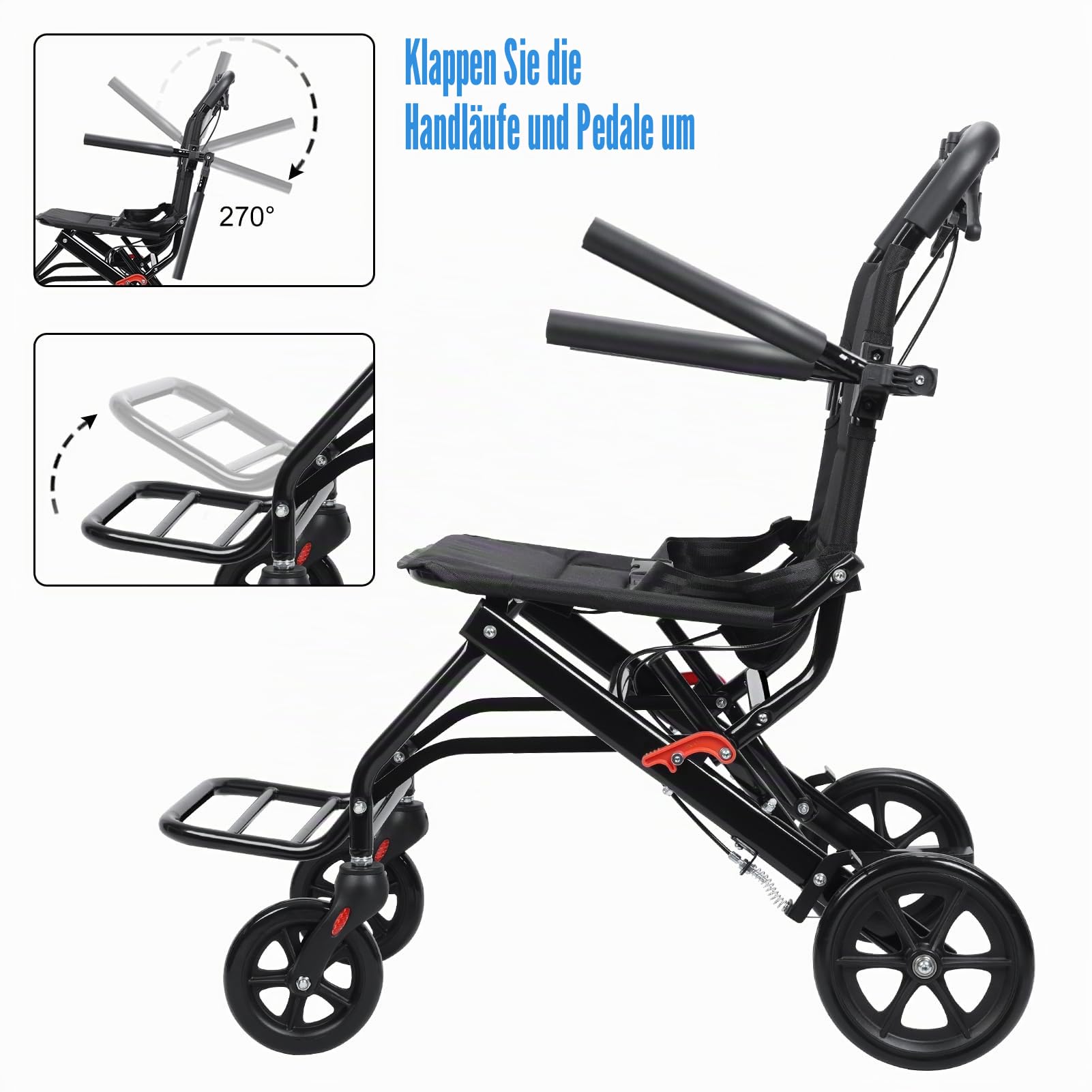 Faltbarer Rollstuhl, leicht, tragbar, Reisestuhl für Erwachsene, ergonomisches Design, Rollstuhl mit verstellbarem Sicherheitsgurt, PU-Räder für reibungsloses Fahren (Schwarz)