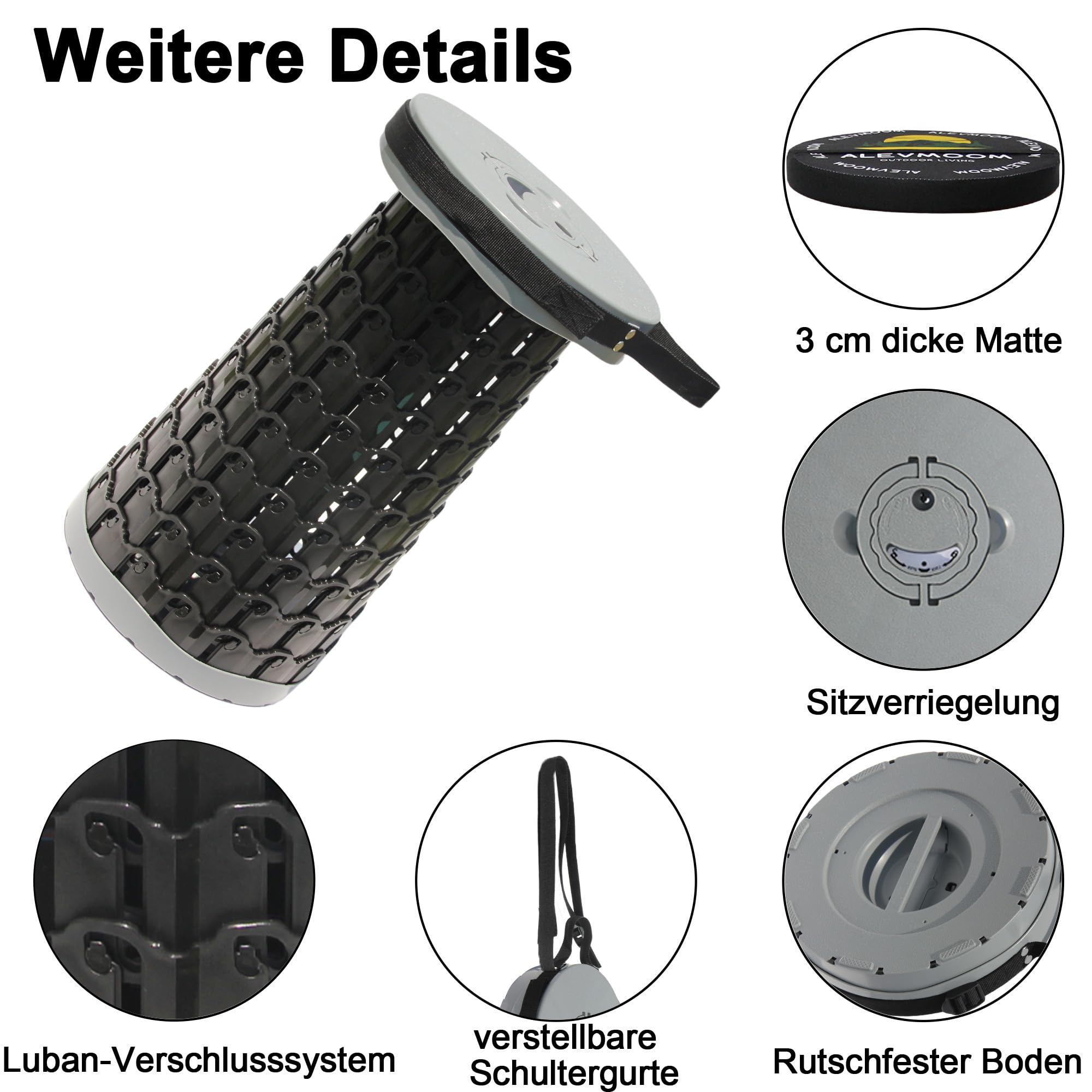 ALEVMOOM Klapphocker Teleskophocker mit Kissen Karabiner Tragetasche Camping-Hocker 360kg