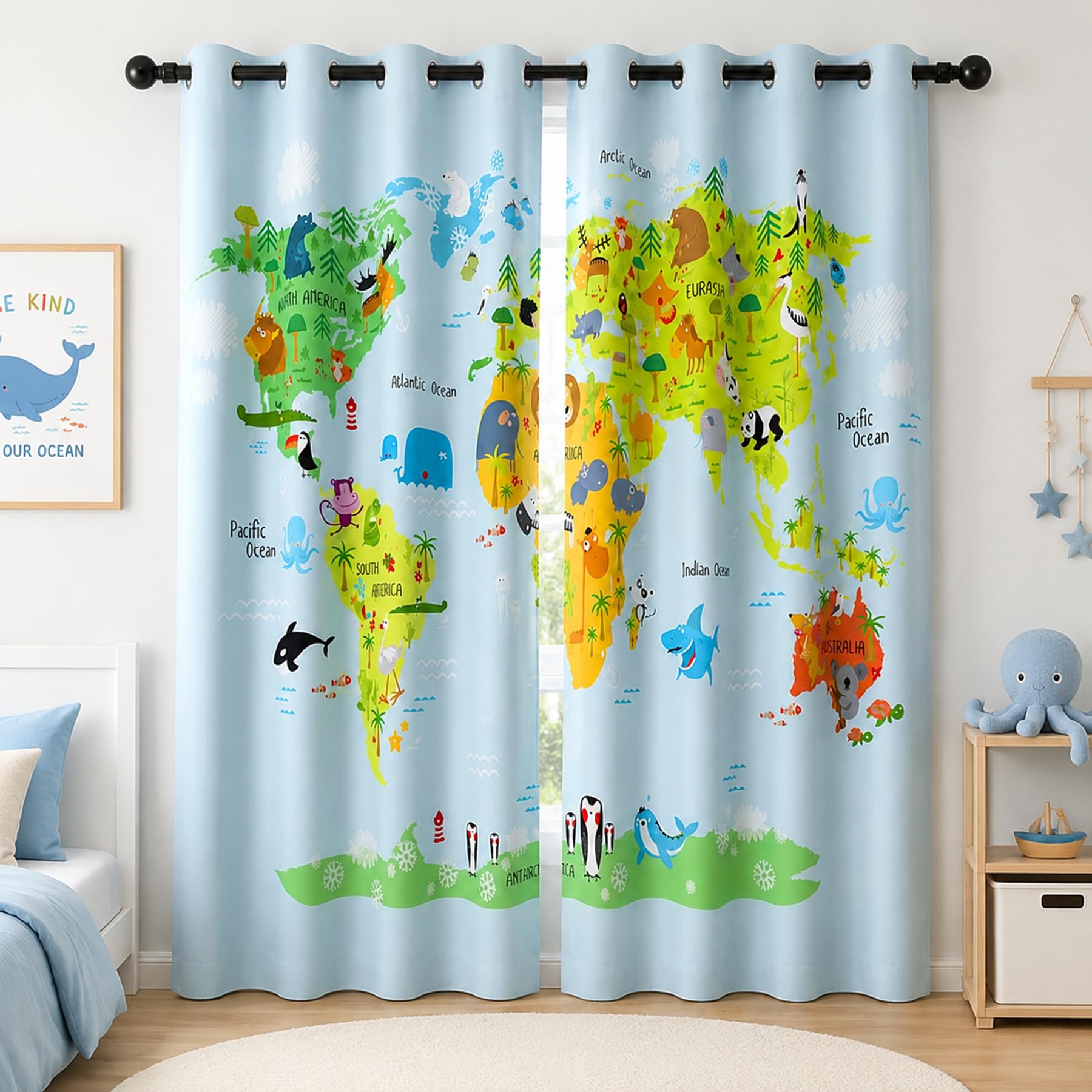 YONGFOTO Rideaux Occultants Carte du Monde Animaux pour Chambre Enfant | Bleu Bébé Animaux de la Forêt Aventure Safari Rideau Thermiques pour Chambre de Garçon avec Œillets 2 Panneaux 117 x 138 cm