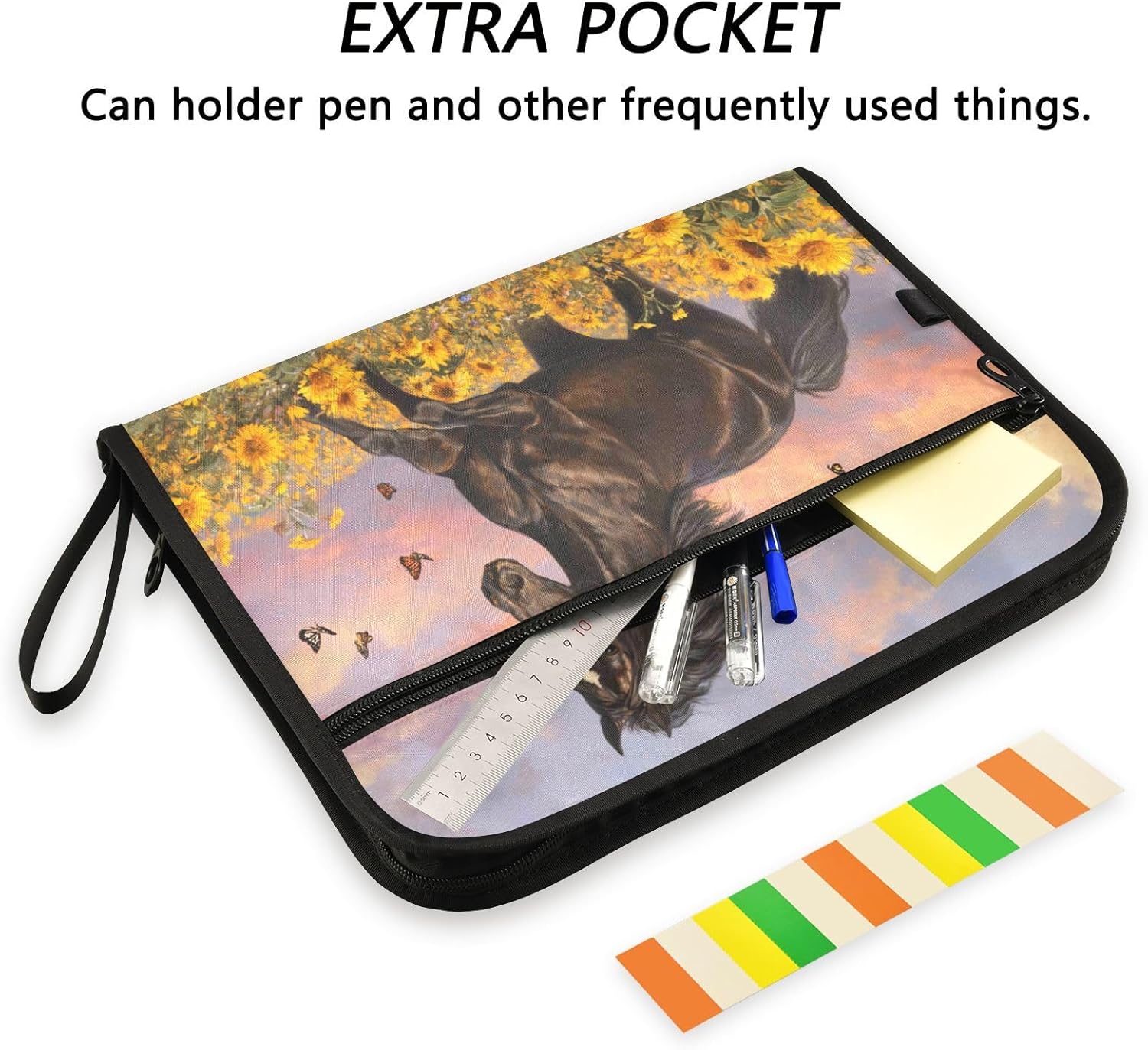 Horse Sunflowers Field Expanding File Folder 13 Pockets Animals Yellow Flroal Expandable Filing Folders Accordion Document Files Organizer for A4 Letter Size Paper