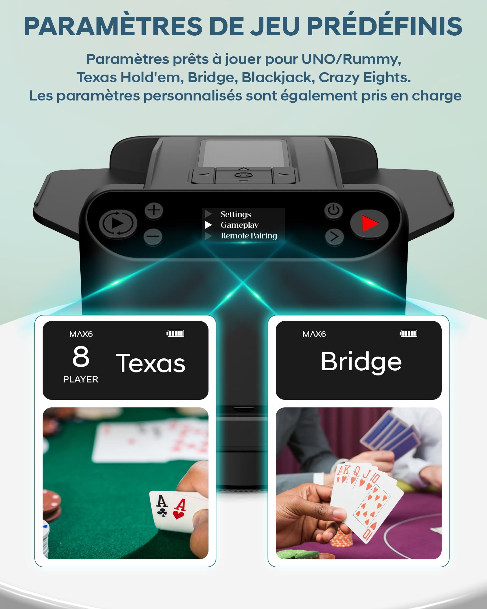 Mélangeur et Distributeur de Cartes Automatique – Rotation 360° pour 1–2 Jeux, 2–12 Joueurs avec 4 Télécommandes | Modes de Jeu Intégrés, Rechargeable & Silencieux pour Poker, UNO, Phase 10 (Noir)
