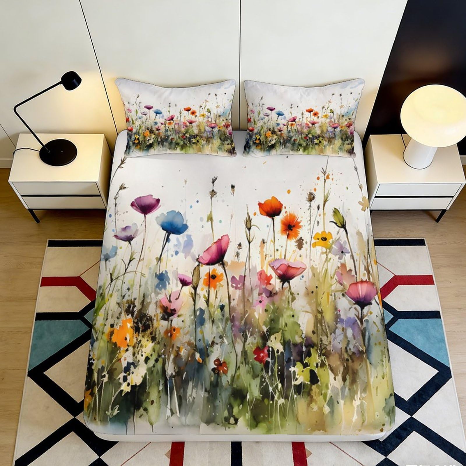 Jqzkxnhpbr Style-2 3D Printed Wildflower Meadow Fitted Sheet Microfiber Colourful Floral Bed Cover For Bedroom Guest Room Decor 90X200x25cm