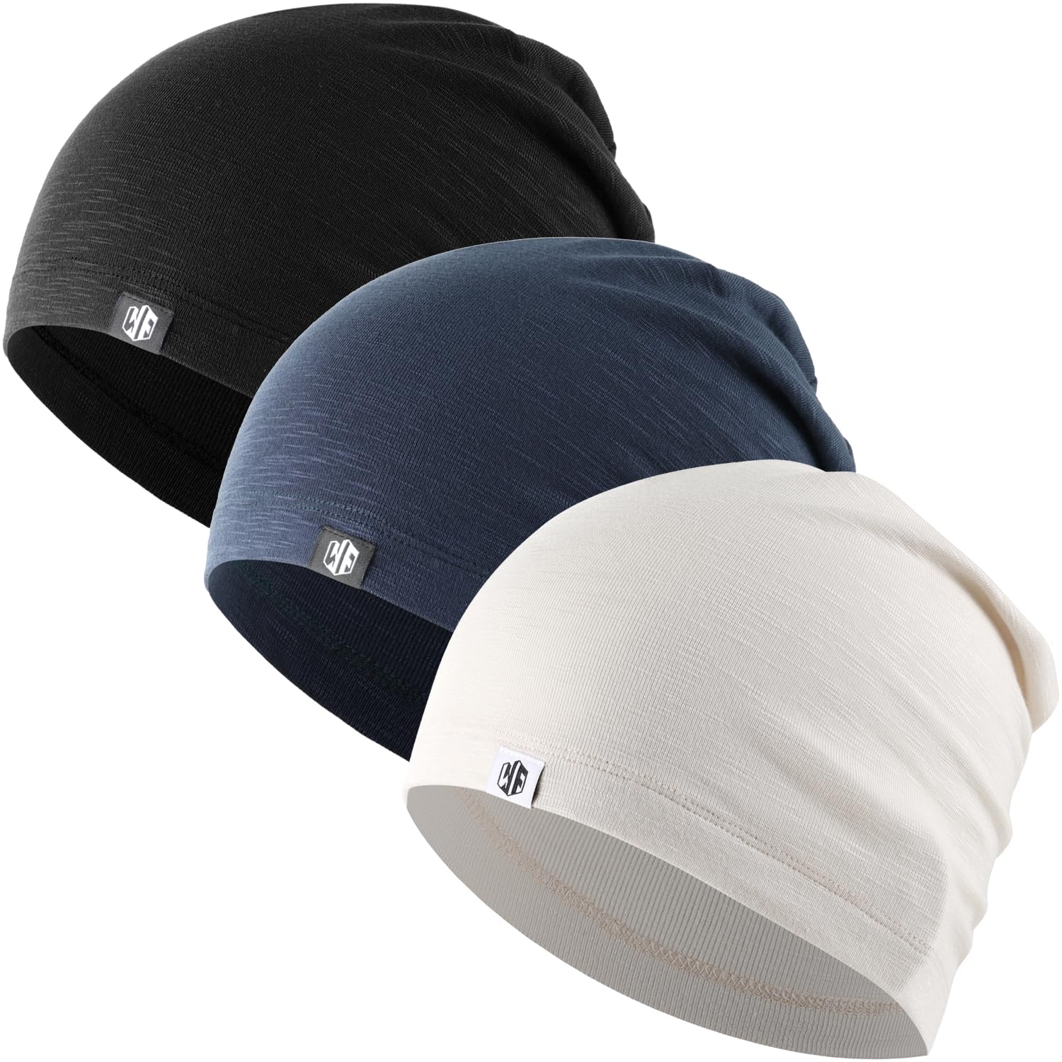 WTACTFUL 3 Pieces Slouchy Beanie for Men & Women - Soft & Breathable Skull Cap for All-Day Wear (# Black+white+blue)