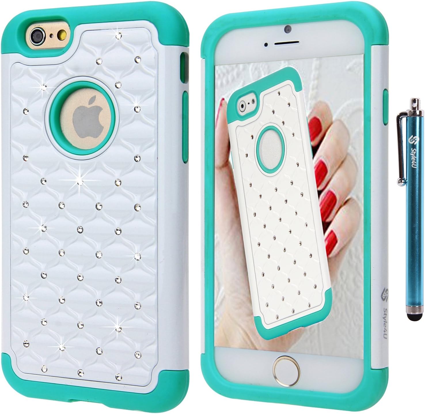 iPhone 6S Case, iPhone 6 Case, iPhone 6S / 6 Studded Rhinestone Crystal Bling Hybrid Armor Case Cover for Apple iPhone 6S / iPhone 6 with 1 HD Screen Protector and 1 Stylus [White/Teal]