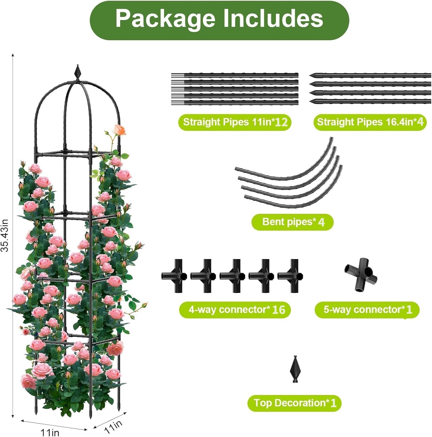 LATERN 1 Stück Garten Obelisk Spalier für Kletterpflanzen, 180CM Hoch Rostfrei Beschichtete Metall Pflanzenstütze Rankgitter Rahmen für Töpfe Pflanze Rose Tomate Gurke Blumen Traube Erbse (Schwarz)