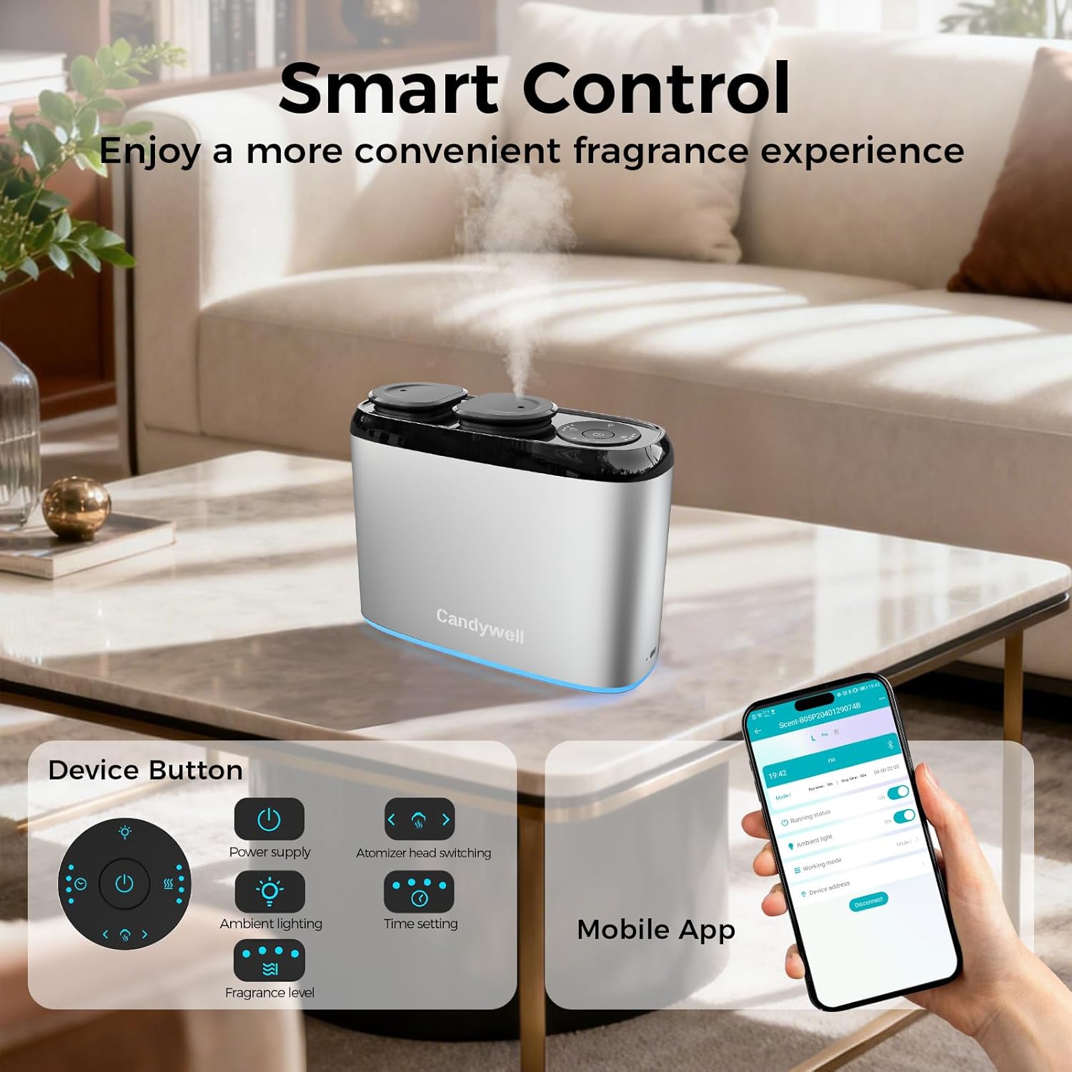 Smart Waterless Essential Oil Diffuser with Dual Nozzle & App Control, Cold Air Tech Diffuser for 1500 Sq Ft, with 4 Timer & Mist Levels, Hotel Scent Diffuser for Home & Office