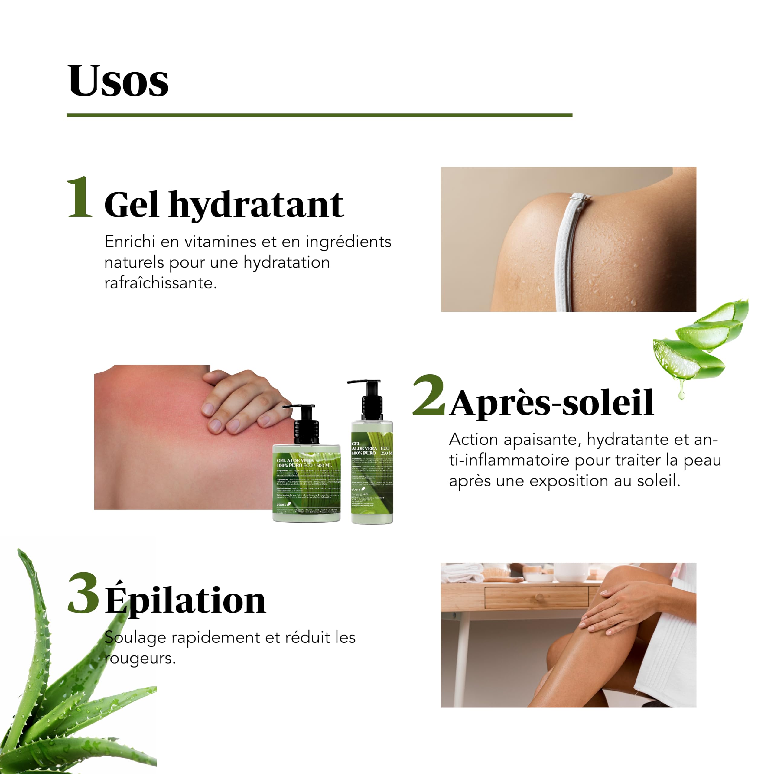 Ebers Gel d'Aloe Vera 100% Pur 250 Ml avec distributeur - Excellent hydratant pour le visage et le corps, après-soleil, épilation et brûlures.