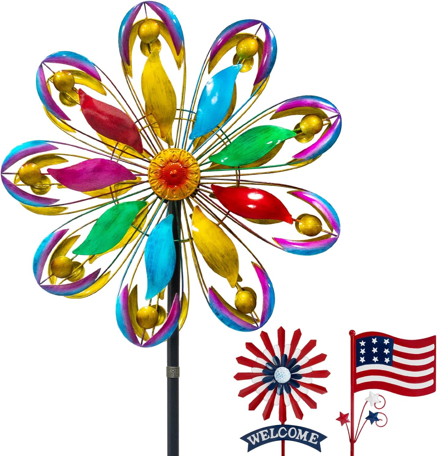 Wind Spinners Outdoor, 84" Large Metal Kinetic Wind Sculptures for Garden, Colorful Yard Art with 2 Piece Welcome Flag Decoration