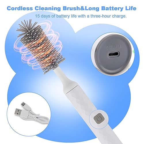 Miniatura 5 de WHNL Juego de cepillos eléctricos para biberones con limpiador de cepillos para biberones, cepillo para pezones, cepillo limpiador de pajillas,