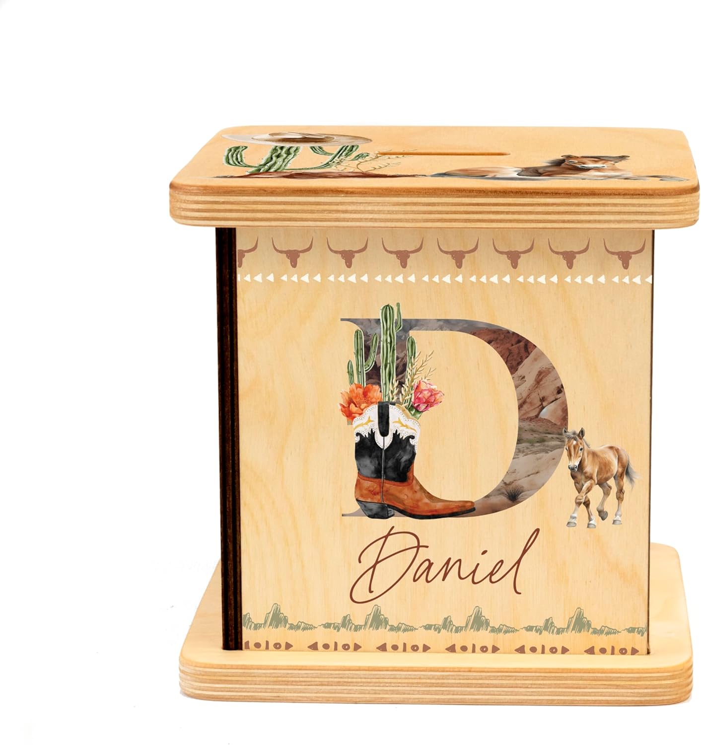 Wooden Piggy Bank for Kids and Adults, Personalized Gift Handmade in USA by BloomOwl, Custom Coin Bank for Boys and Girls (Horse Real)