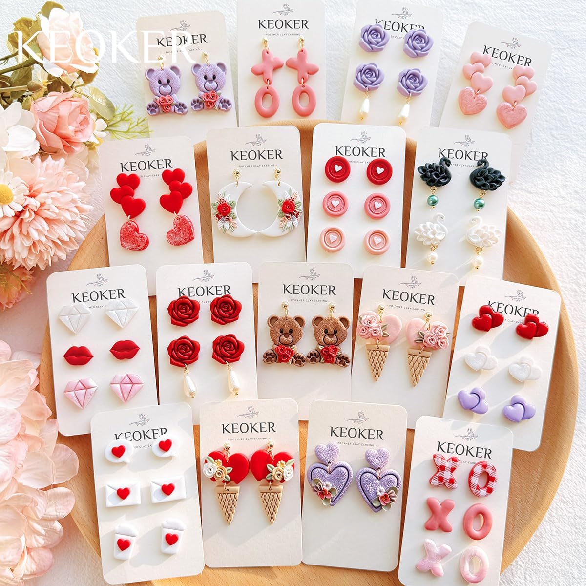 Keoker Valentines Polymer Clay Cutters for Earrings Making, 30 Shapes Valentines Clay Cutters for Polymer Clay Jewelry
