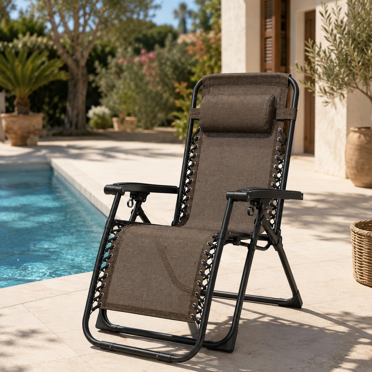 MARBUENO Tumbona Gravedad Cero Plegable Marrón con Reposacabezas, Silla Relax Exterior de Acero y Textileno Transpirable para Jardín, Terraza, Piscina y Camping 10007