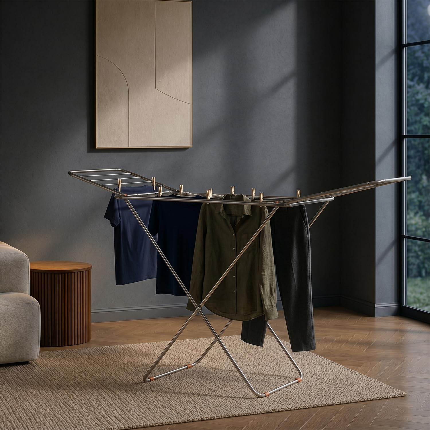 Amazon Basics Heavy Duty Stainless Steel Foldable Cloth Dryer Stand | Strong Build | 3-Way Folding | Anti-Corrosion | PVC Bushes | Easy to Carry | 42 Ft Drying Length | Expandable Wings | 17 Rails | Pack of 1-image-9
