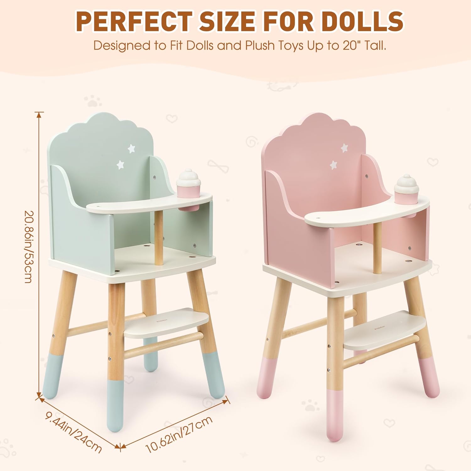 Pithfor Wooden Baby Doll High Chair, Baby Doll Furniture, Fits Up to 18 inch Dolls, 18 inch Doll Accessories - Green