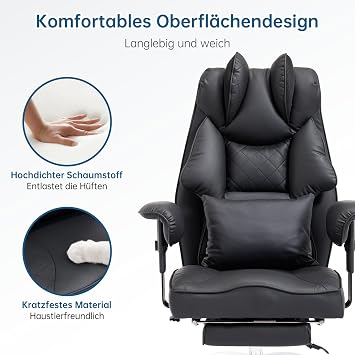 Ergonomic Office Chair 200 kg Executive Chair with Footrest XXL Desk Chair 90-135° Backrest Height Adjustable W Shape Seat Cushion Lumbar Cushion Black Leather