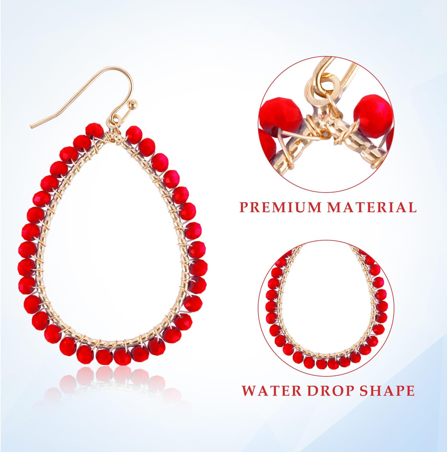 Hoop Earrings Beaded Teardrop Dangling, Sparkly Crystal Summer Earrings Personalized Earrings Beaded Statement Earrings Bohemian Accessories Gifts for Women (Red) - Image 4