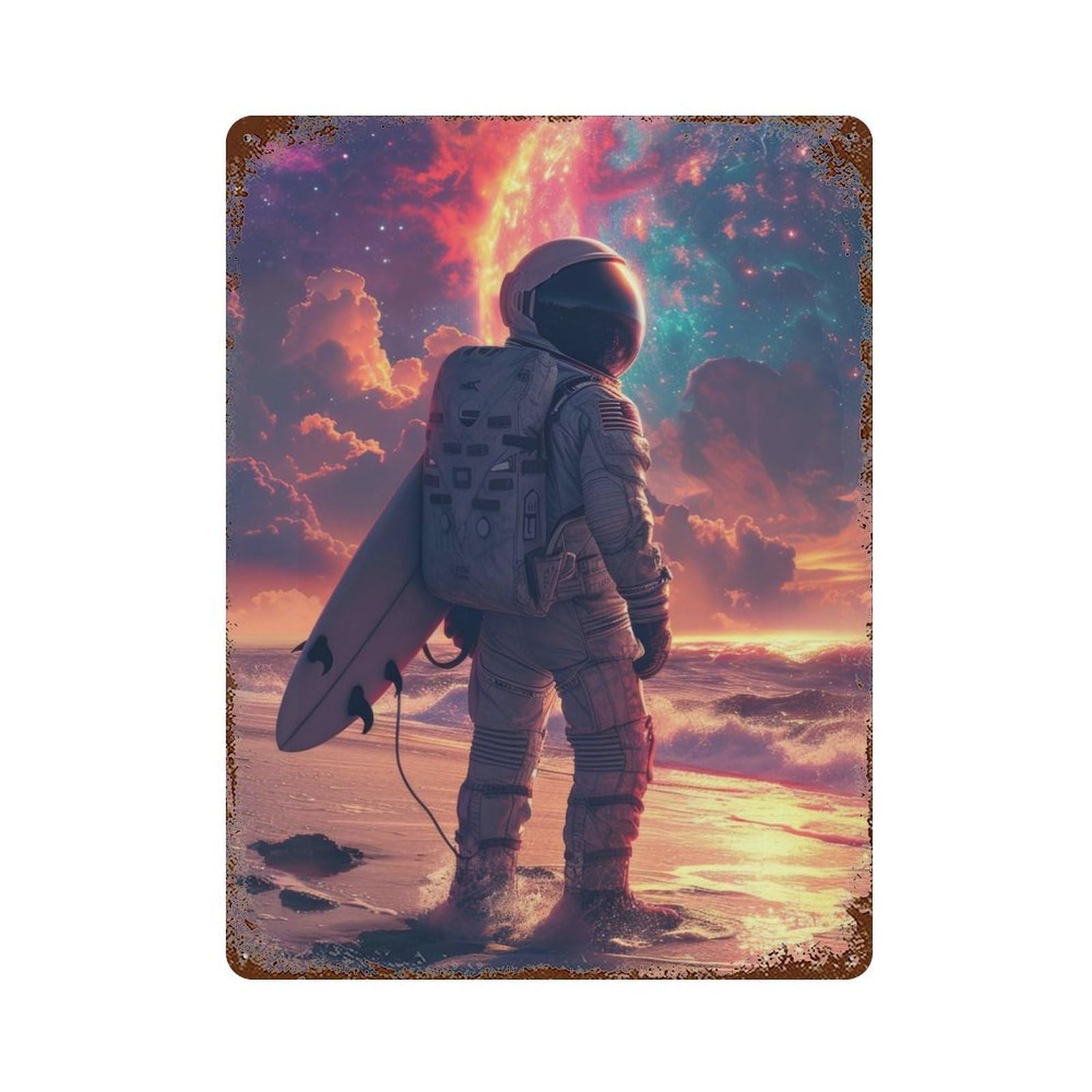 Rust Effect Astronaut At Cosmic Beach Vintage Rust Metal Sign 15.7"x11.8", Farmhouse Wall Decor for Farmhouse, Kitchen And Entryway Decor