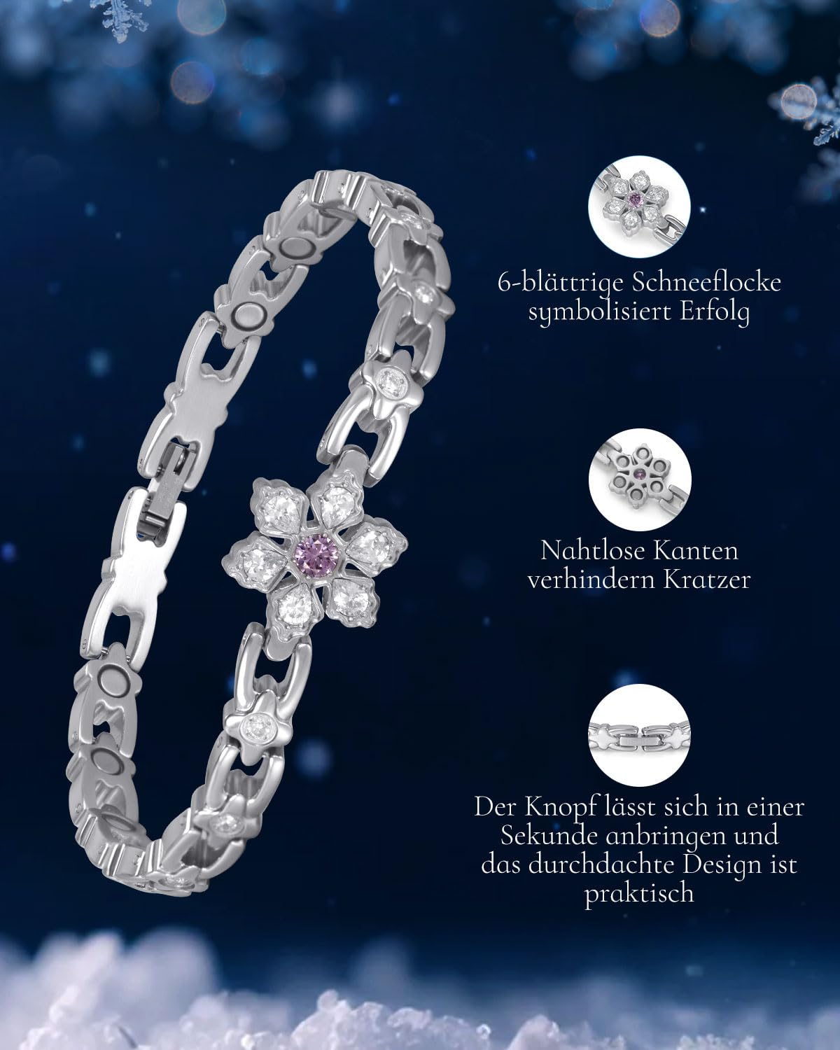 RainSo Bracelet magnétique pour femme - En acier inoxydable - Motif flocon de neige - Orné de pierres précieuses et cristaux violets - Taille réglable - Avec boîte cadeau
