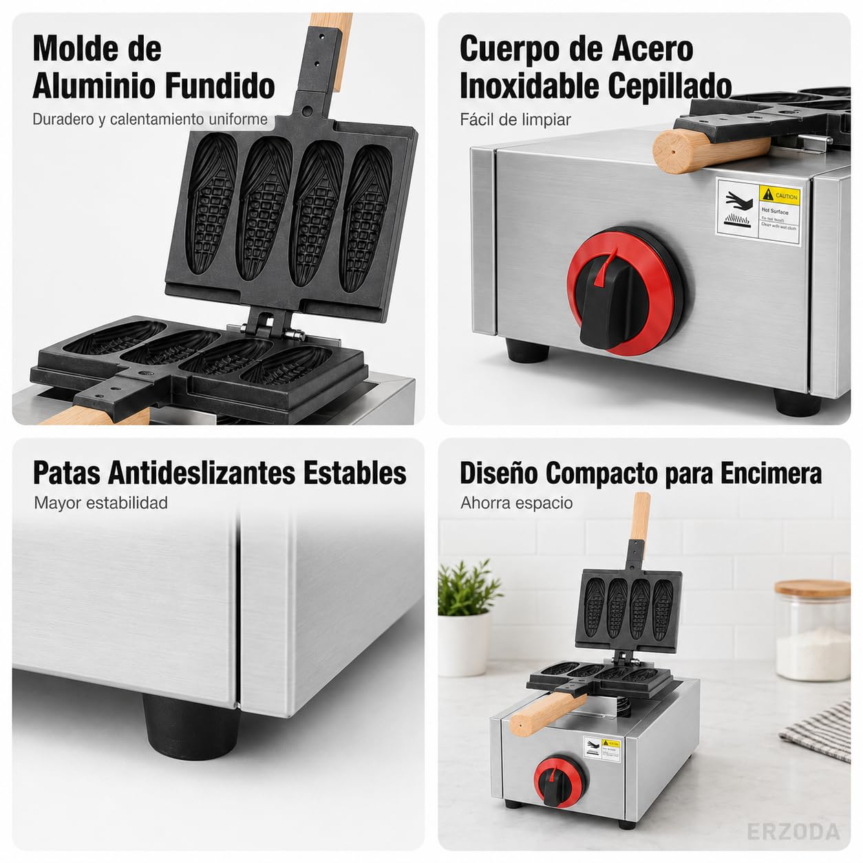 ERZODA Máquina de Gofres de Maíz a Gas Butano Propano, Gofrera Comercial con 4 Moldes para Churrería, Cafetería y Puesto Ambulante
