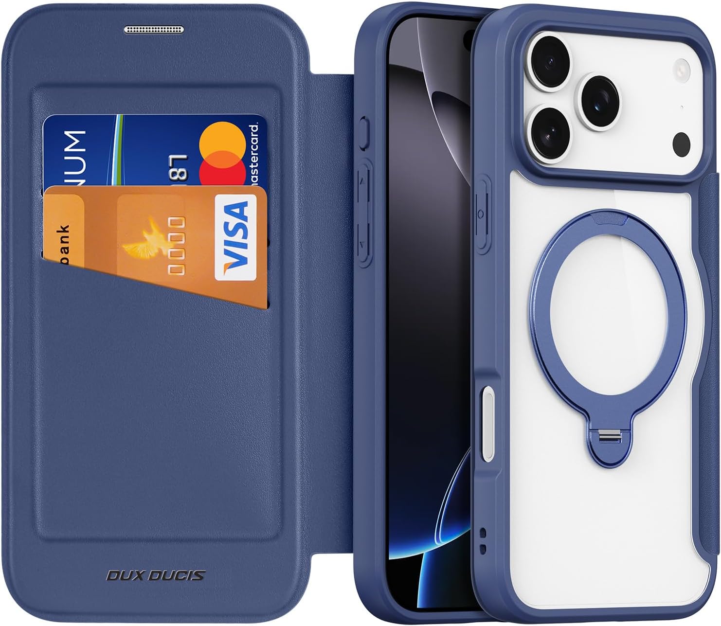 Case for iPhone 17 Pro Max, Magnetic Flip Cover with RFID Blocking, 360° Protection, Soft TPU Frame, Kickstand Ring, Compatible with MagSafe, Blue