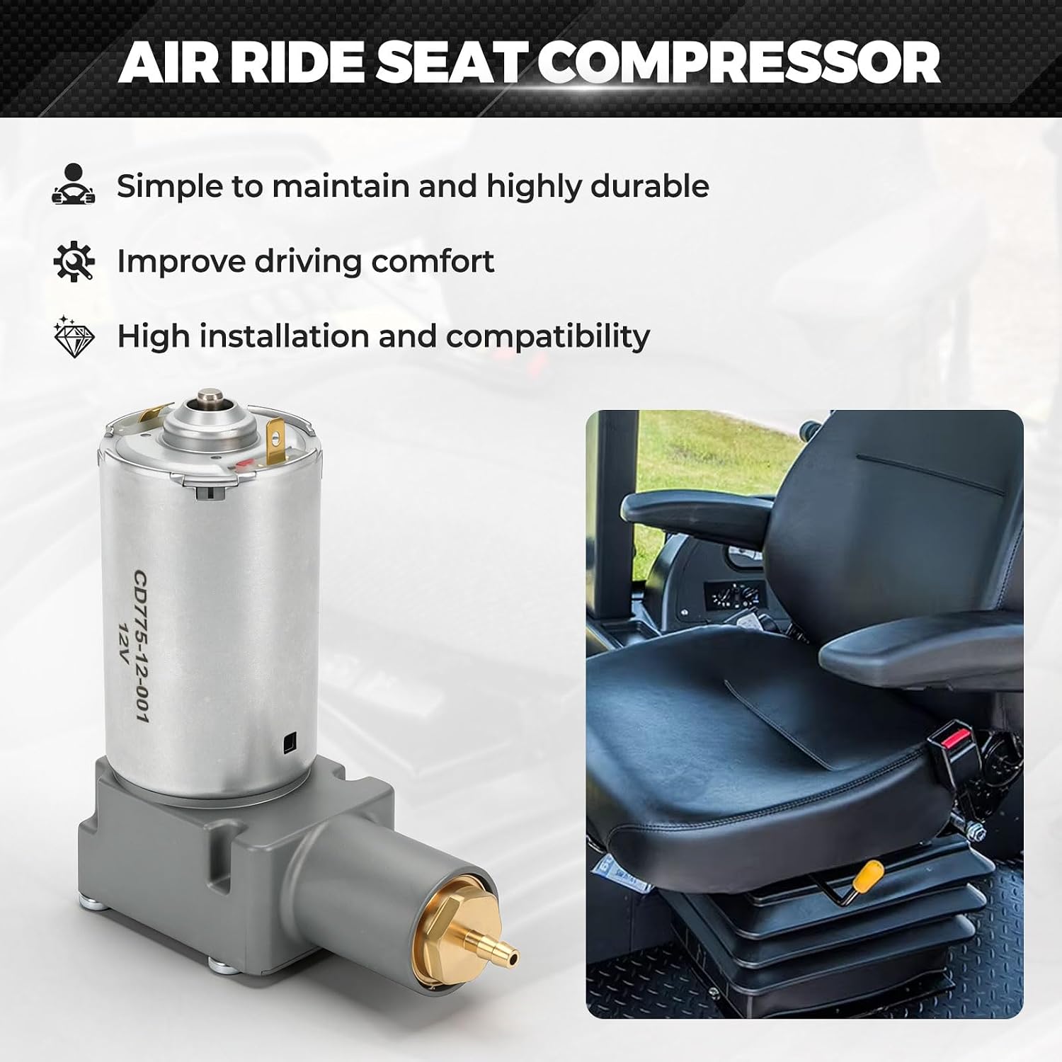 GR1220254 12V Air Ride Seat Compressor, Compatible with Grammer Maximo, Actimo, Primo, Compacto, Chicago LS95, MSG75, MSG90.3C, MSG93, MSG95, MSG97 Seat Air Compressor