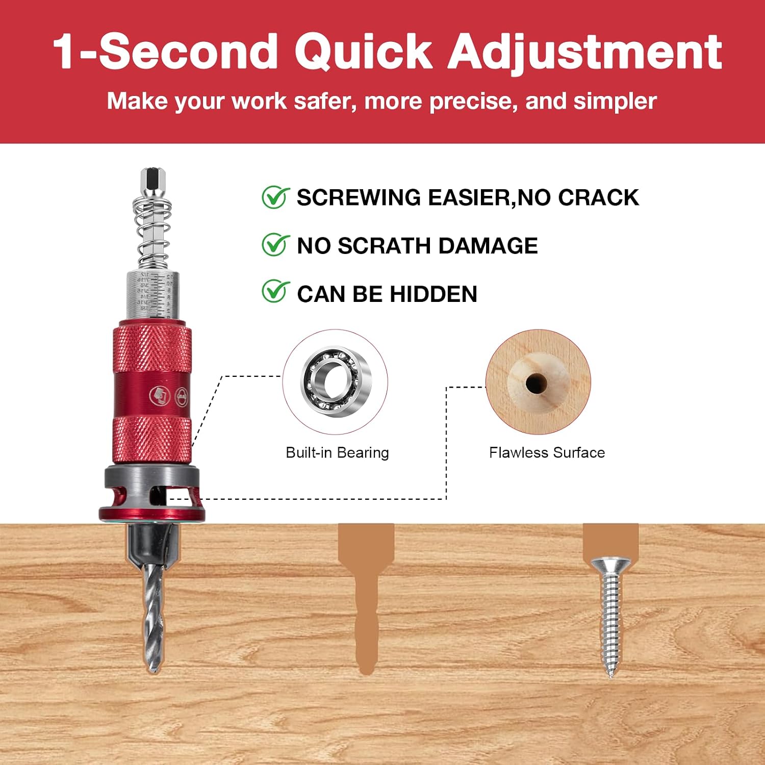 Countersink Drill Bit Set, 5 Pcs ﻿Two-Flute Semi-Automatic HSS M2 with Bearing Stopper, 82° Counterbores 1/4” Hex Shank Wood Countersink Bit Set for Wood, Plastic, Woodworking