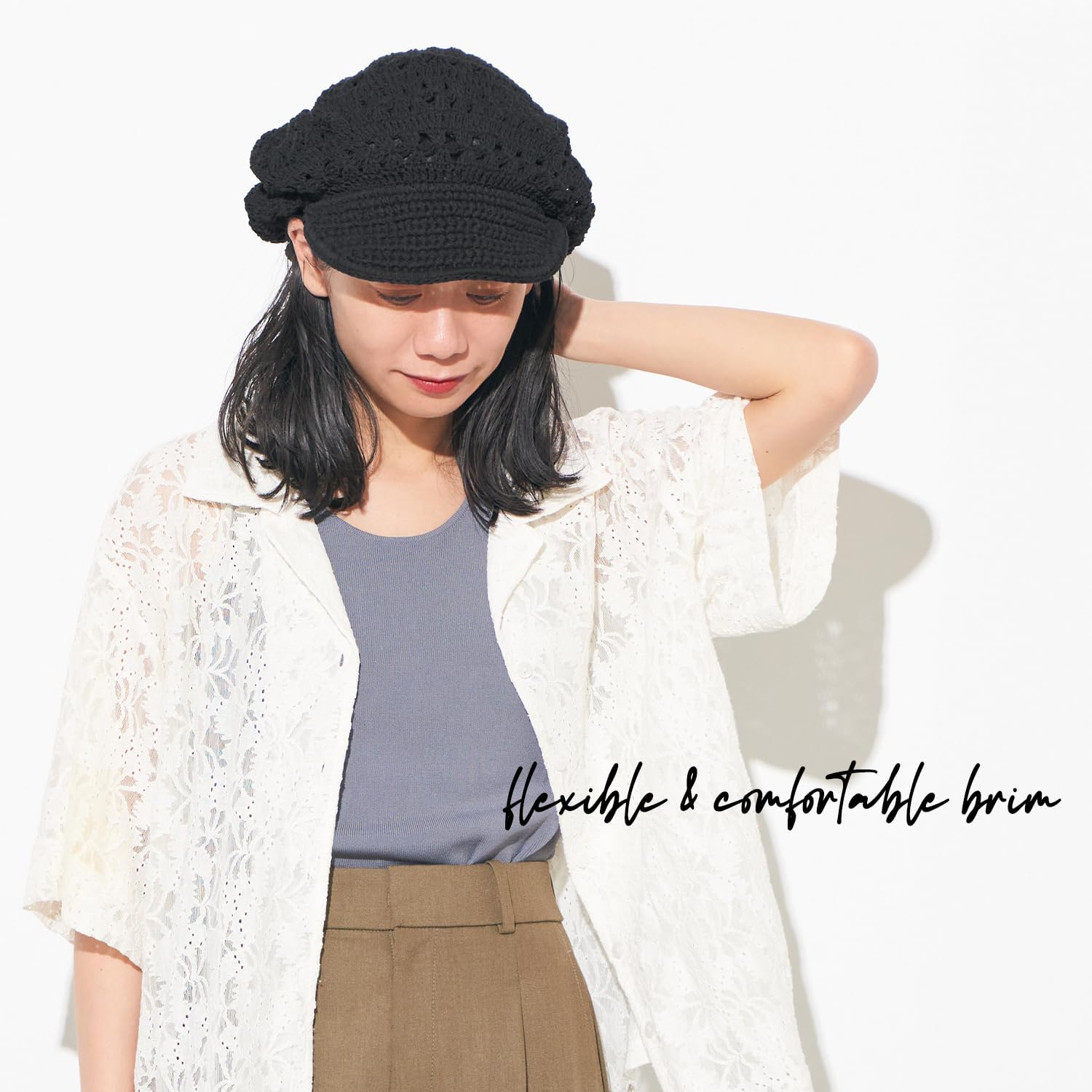 CHARM Women's Vintage Lace Beret with Visor, A Handmade 100% Cotton Sun Hat & Summer Raffia Crochet Cap