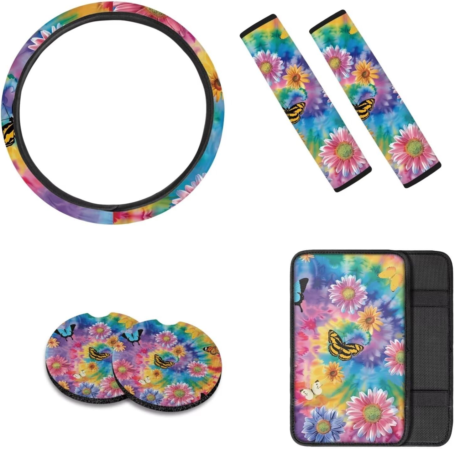 Tie Dye Butterfly 6 Pcs Car Steering Wheel Cover Center Console Armrest Cushion Seatbelt Pads Cup Holder Costers Automotive Interior Accessories, Universal