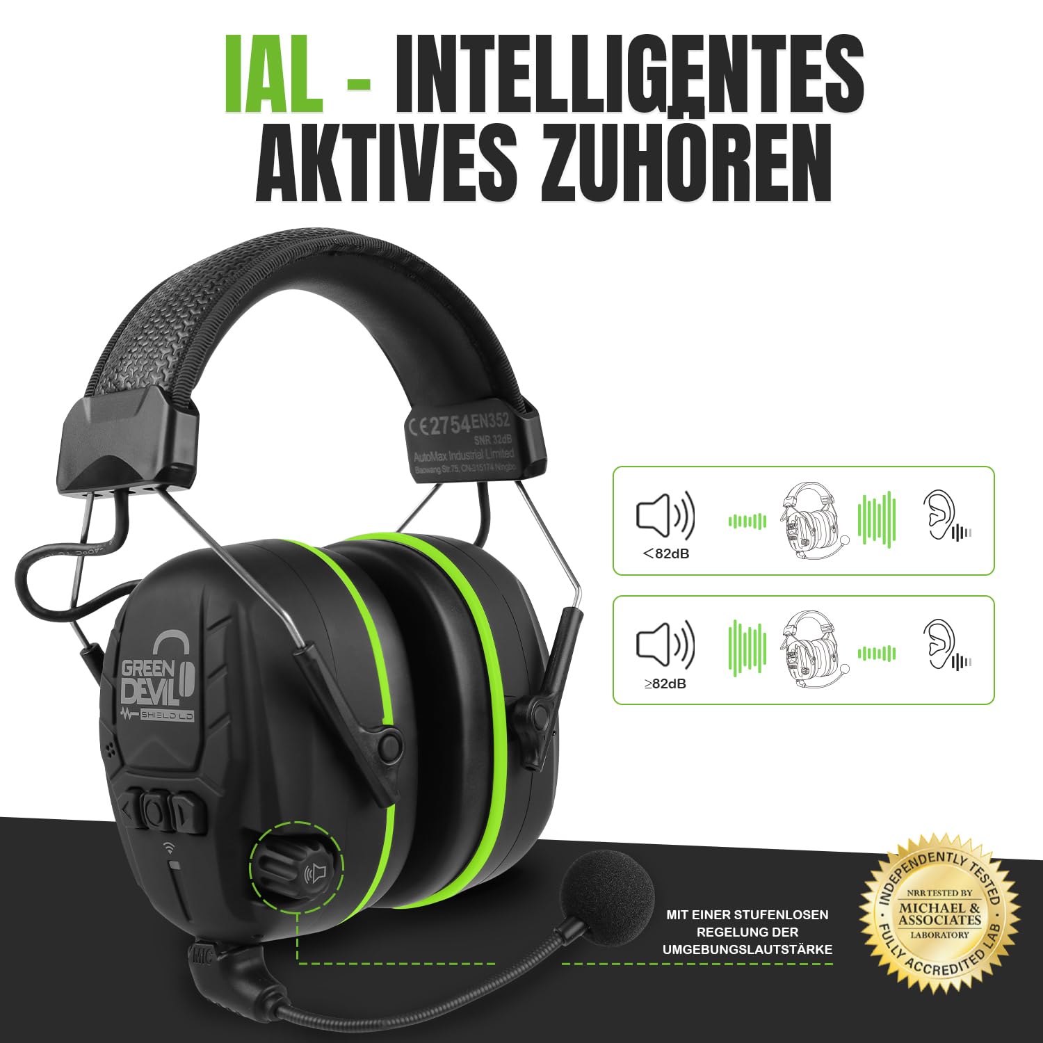 GREEN DEVIL Shield LD Aktiver Gehörschutz - elektronischer Gehörschützer mit Bluetooth 5.3 Technologie Integriertes Mikrofon EN352-konforme SNR 32dB für Mähen und Lärmintensive