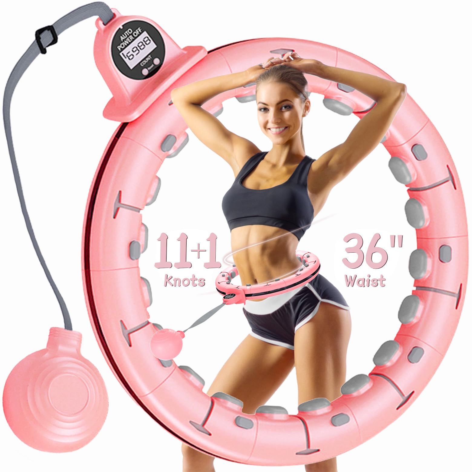 Leann L!fe 11+1 Spare Knots Waist 36" with Counter, Smart Weighted Hula Hoop for Adults Weight Loss, Infinity Hoop, Children Adult Home Outdoor Fitness Exercise, Abdominal Toner, Pink