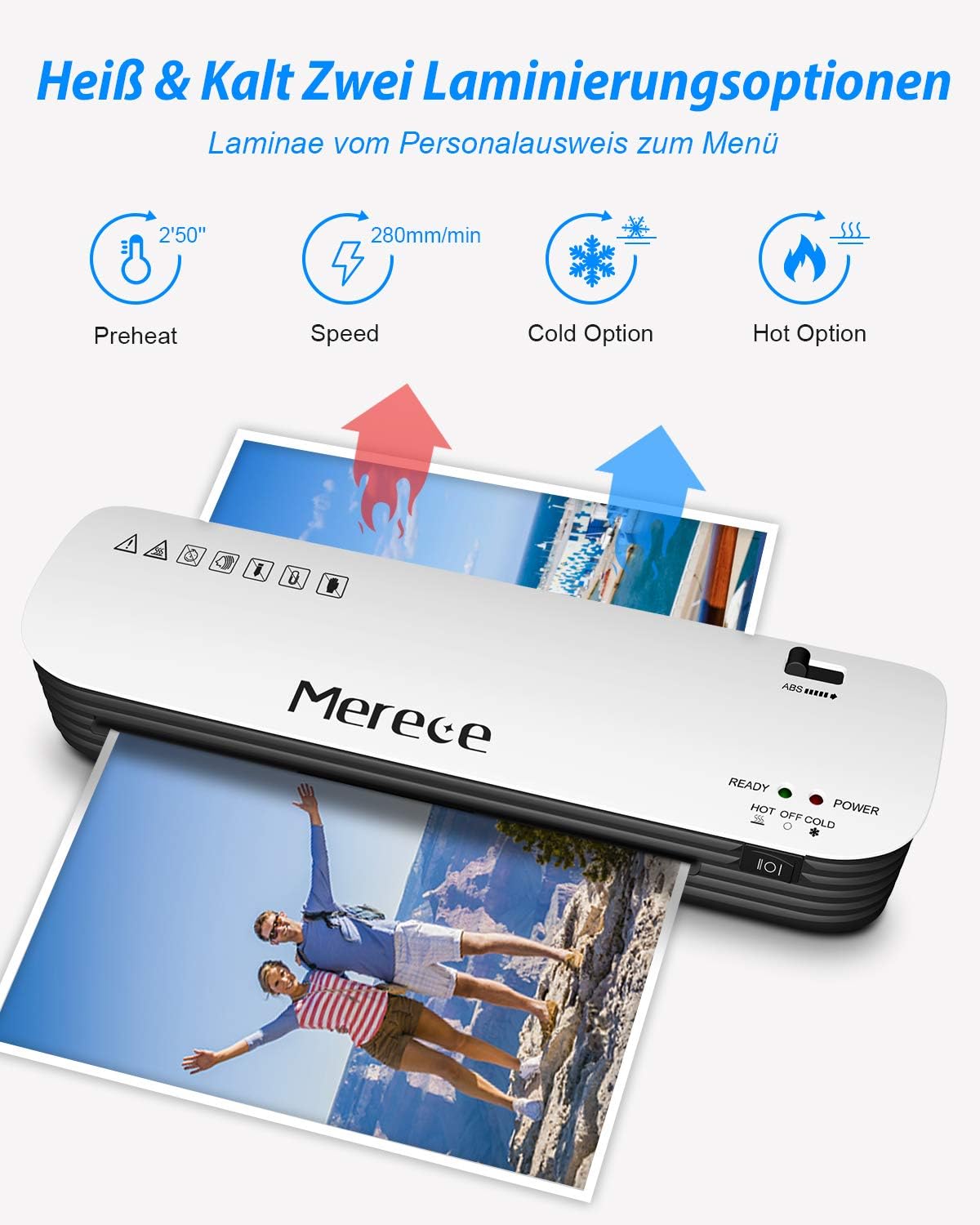Diagram illustrating hot and cold lamination options with preheat time and speed.