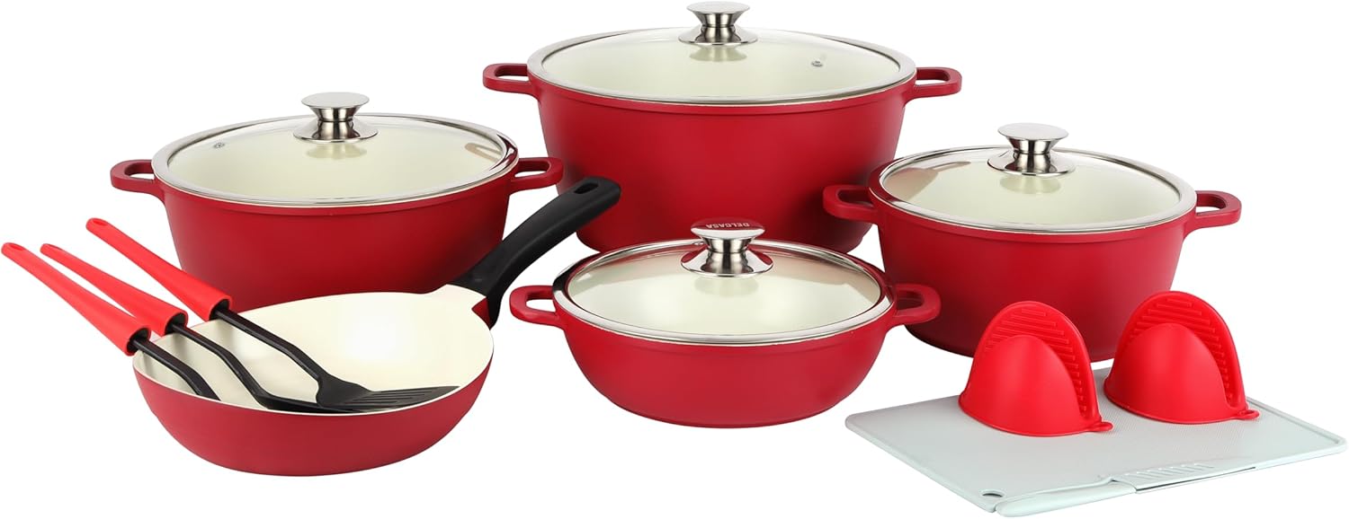 Delcasa 16 Piece Non-Stick Ceramic Coated Cookware Set DC3436 Diecast Aluminum Body with 5-Layer Coating, CD Bottom, Bakelite Handles and Glass Lid (DC3436)