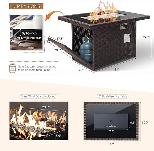 Miniatura 3 de NICESOUL Mesa rectangular de mimbre para fogatas de gas naturalpropano para exteriores, mesa rectangular de 43 pulgadas para exteriores, 60000 BTU