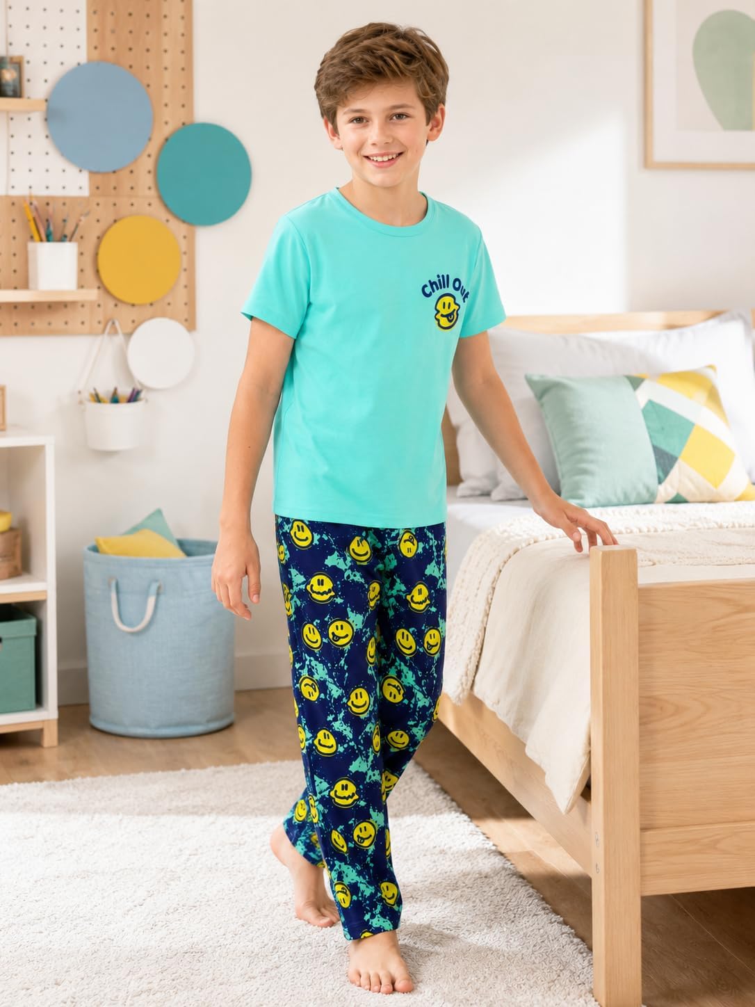 Beezizac Boys Pajamas, Teal & Navy Face Short Sleeve & Pants PJs, Size 6-18