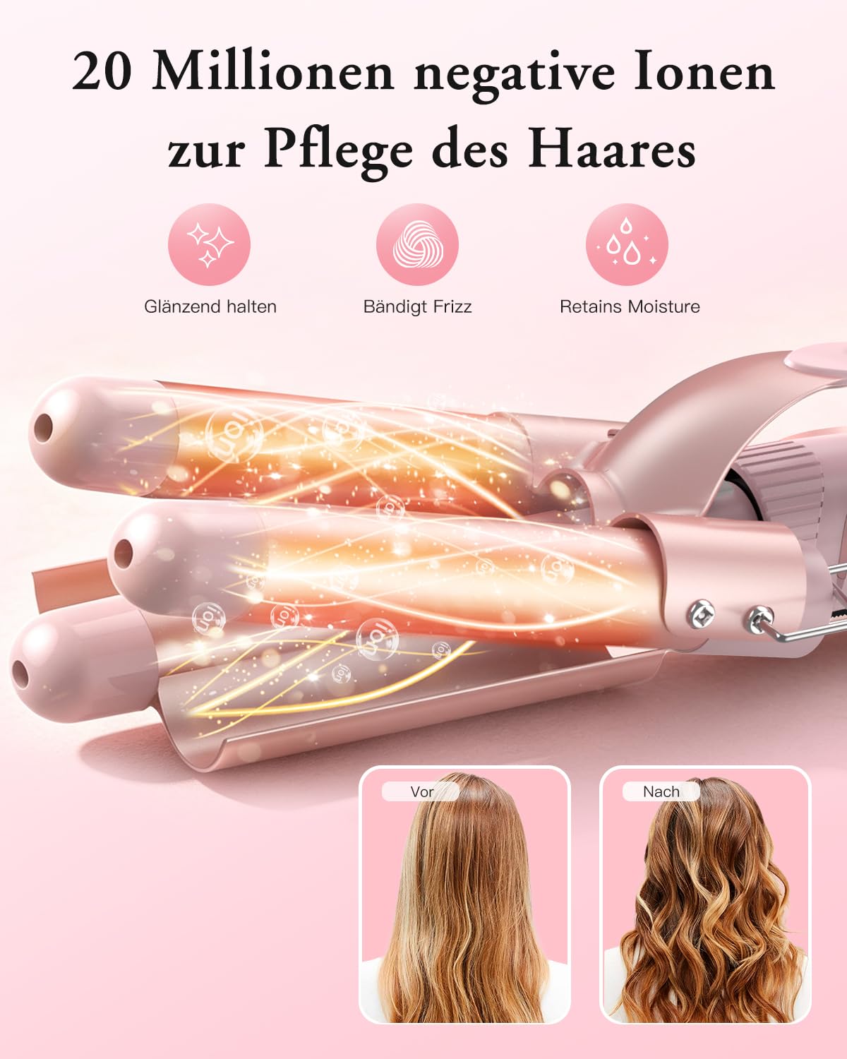 BESTOPE PRO Rizador de pelo con 3 barriles de hierro ondulado 5 en 1, juego de 3 barriles para ondas grandes, ajuste de temperatura, calentamiento rápido y un guante, 2 clips, color rosa