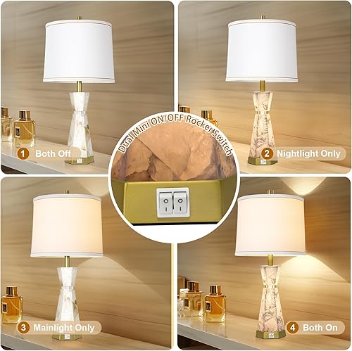 Miniatura 3 de Lámpara de mesa de alabastro natural, juego de 2 lámparas de mesa de noche con luz nocturna, lámparas para sala de estar con pantalla de tela de